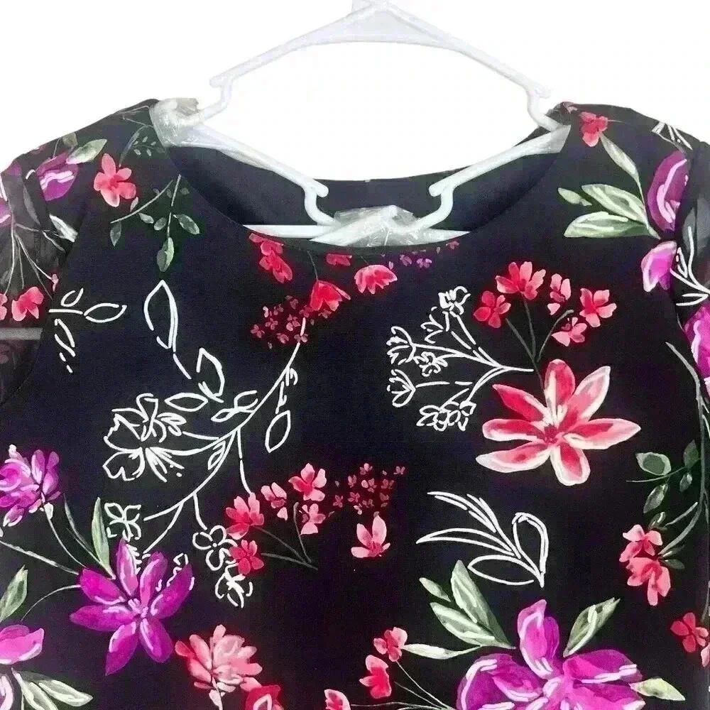 Studio One New York Women's Sheer Sleeves Black‎ Floral Dress Size Medium - Picture 3 of 13